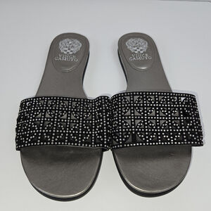 Vince Camuto Eveera Sandals 8 WIDE Black Slip On Rhinestone Slides Sandals